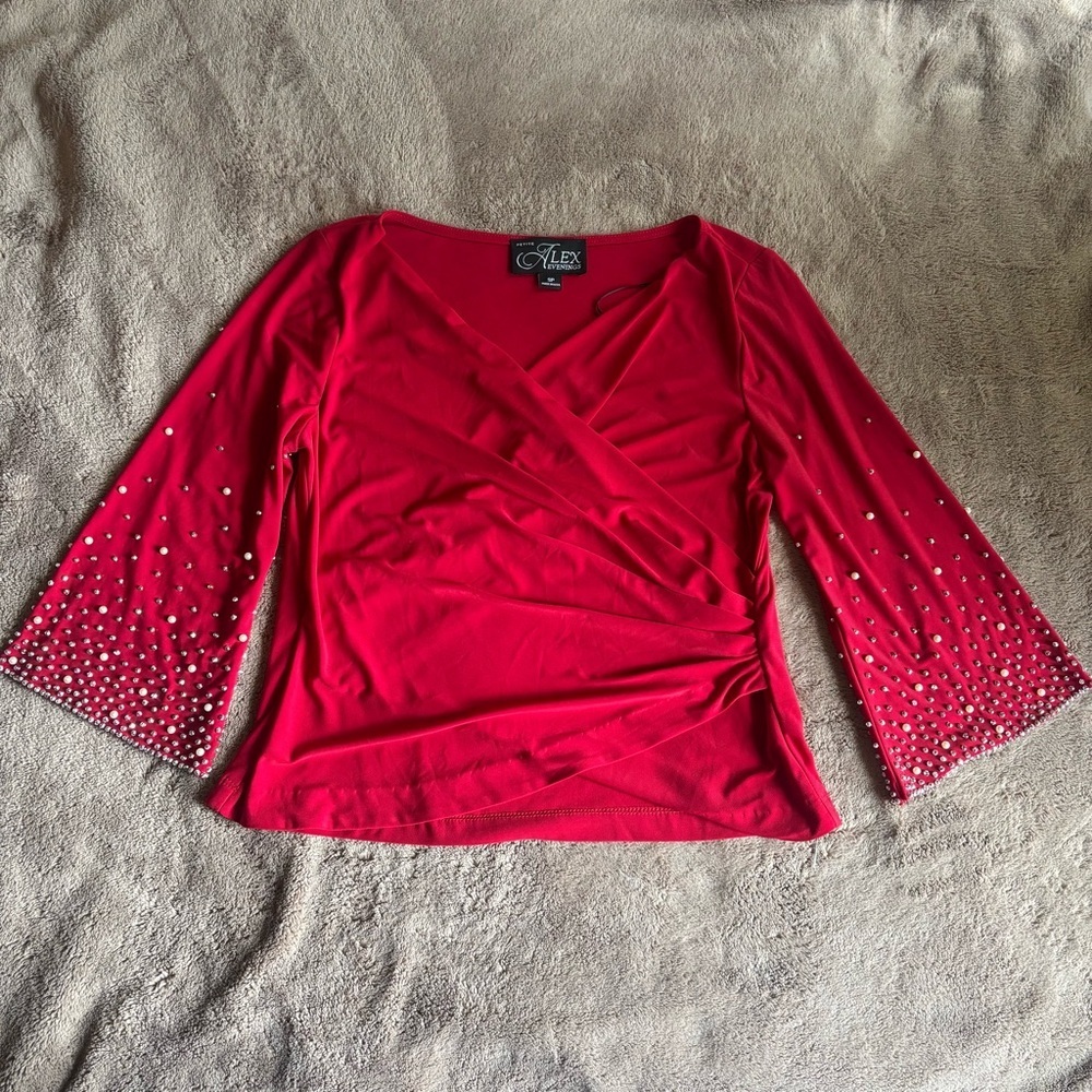 Alex Evenings Petite Red Faux Wrap Blouse Pearl Rhinestone Bell Sleeve Top SP